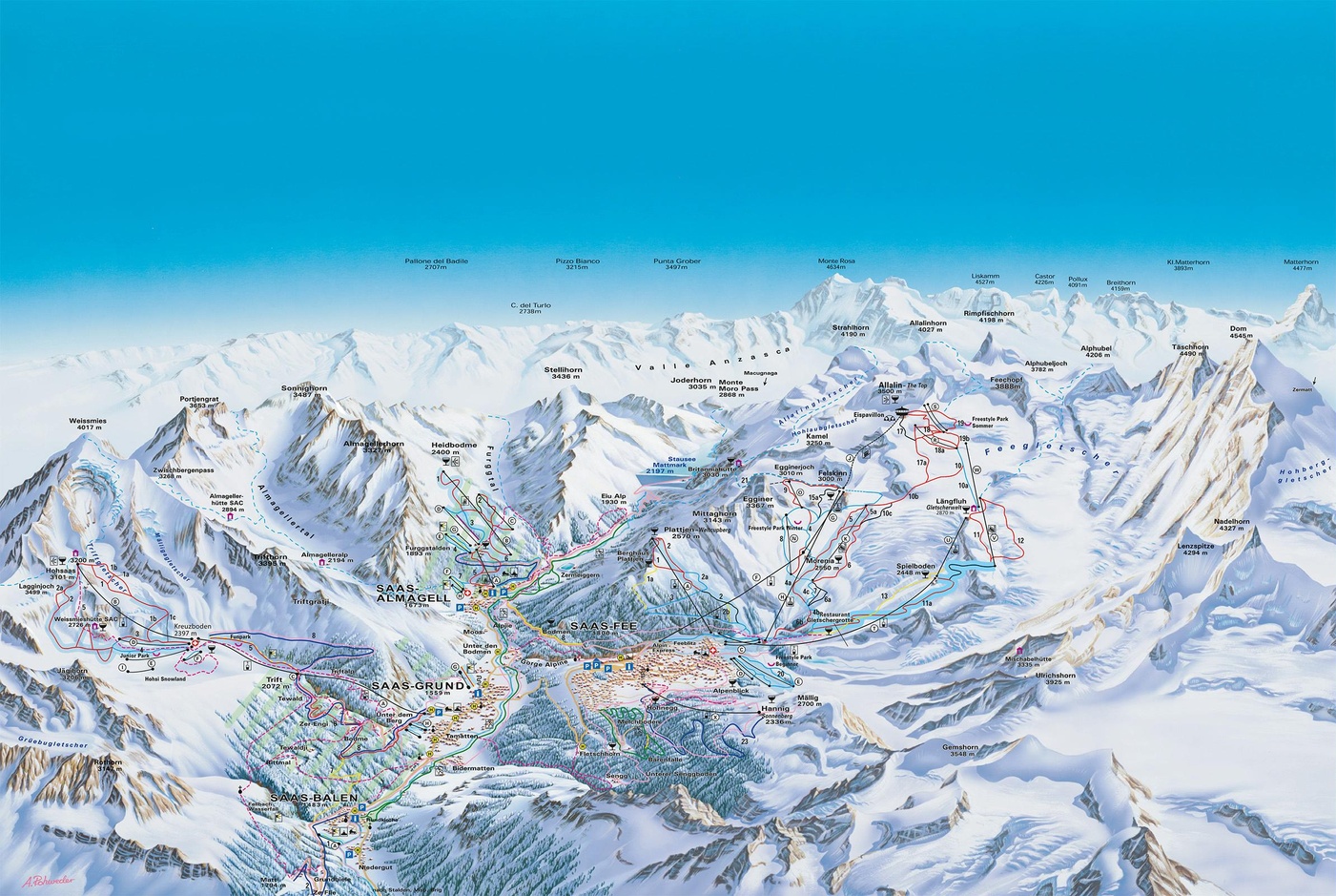 Plan des Pistes et Sentiers de randonnées de Saas Fee