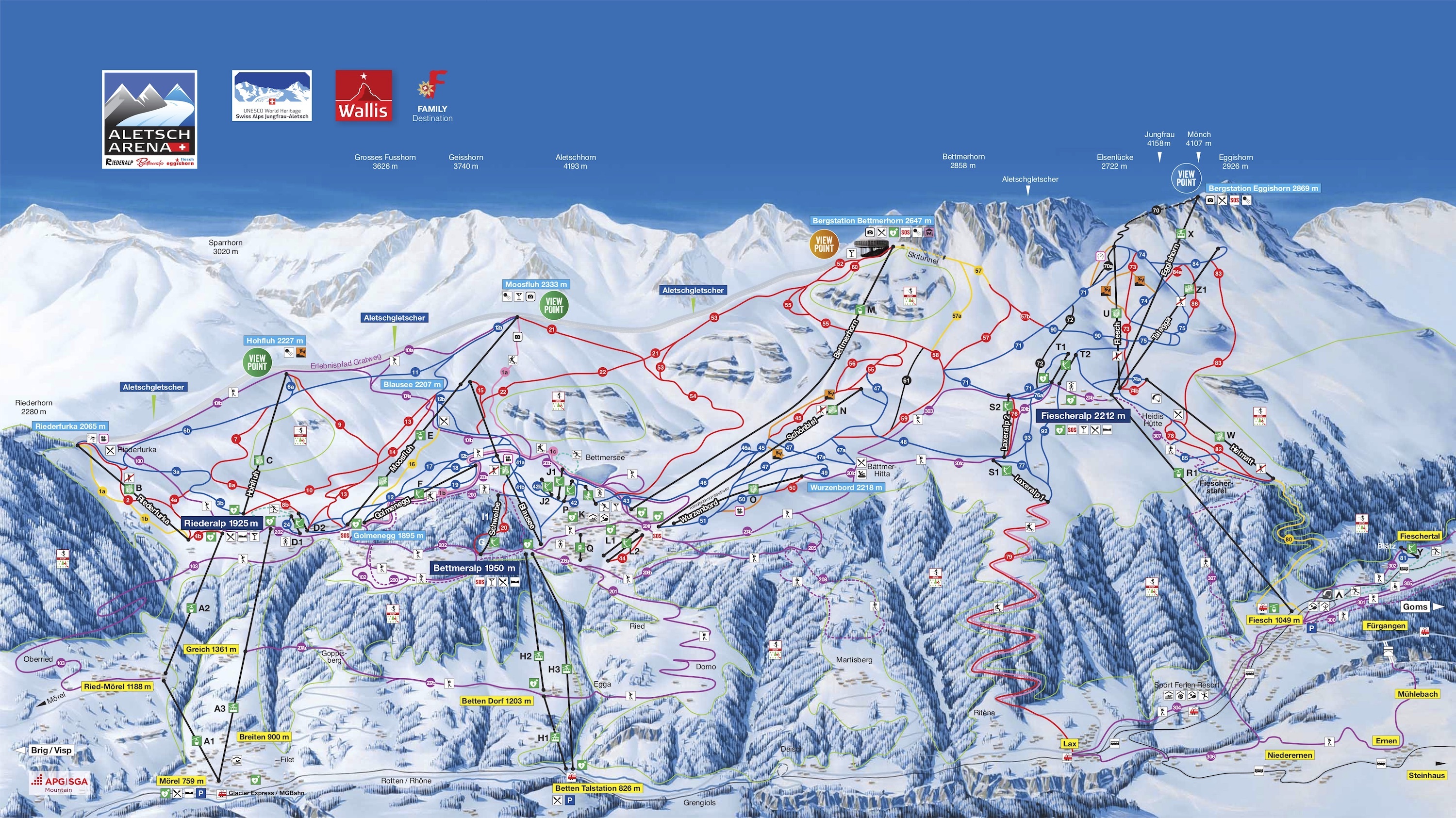 Plan des Pistes et Sentiers de randonnées de Bettmeralp - Aletsch